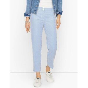 Talbots Perfect Crop Pants Womens 14 Blue White Stripe Seersucker Stretch Chino